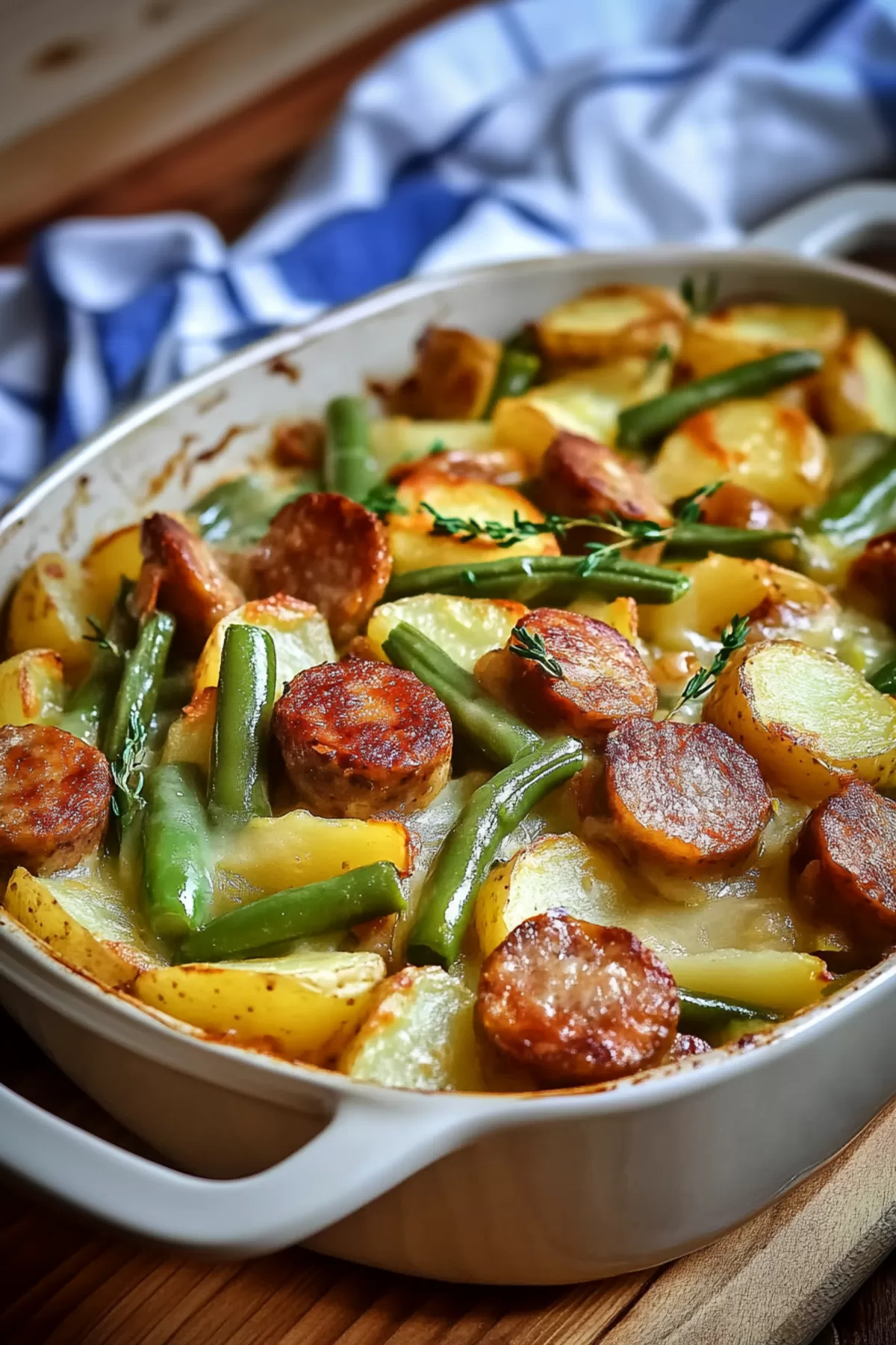 A rustic casserole dish filled with seasoned sausage, green beans, and potatoes, fresh from the oven.