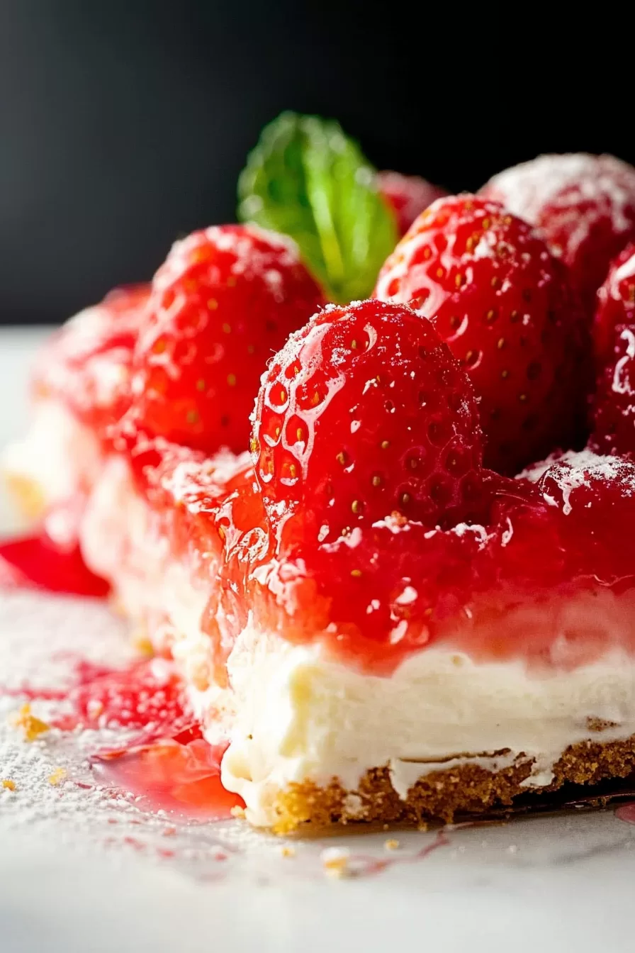 Close-up of a vibrant strawberry topping glistening with glaze, resting on a creamy layer of whipped filling and a crumbly golden crust.