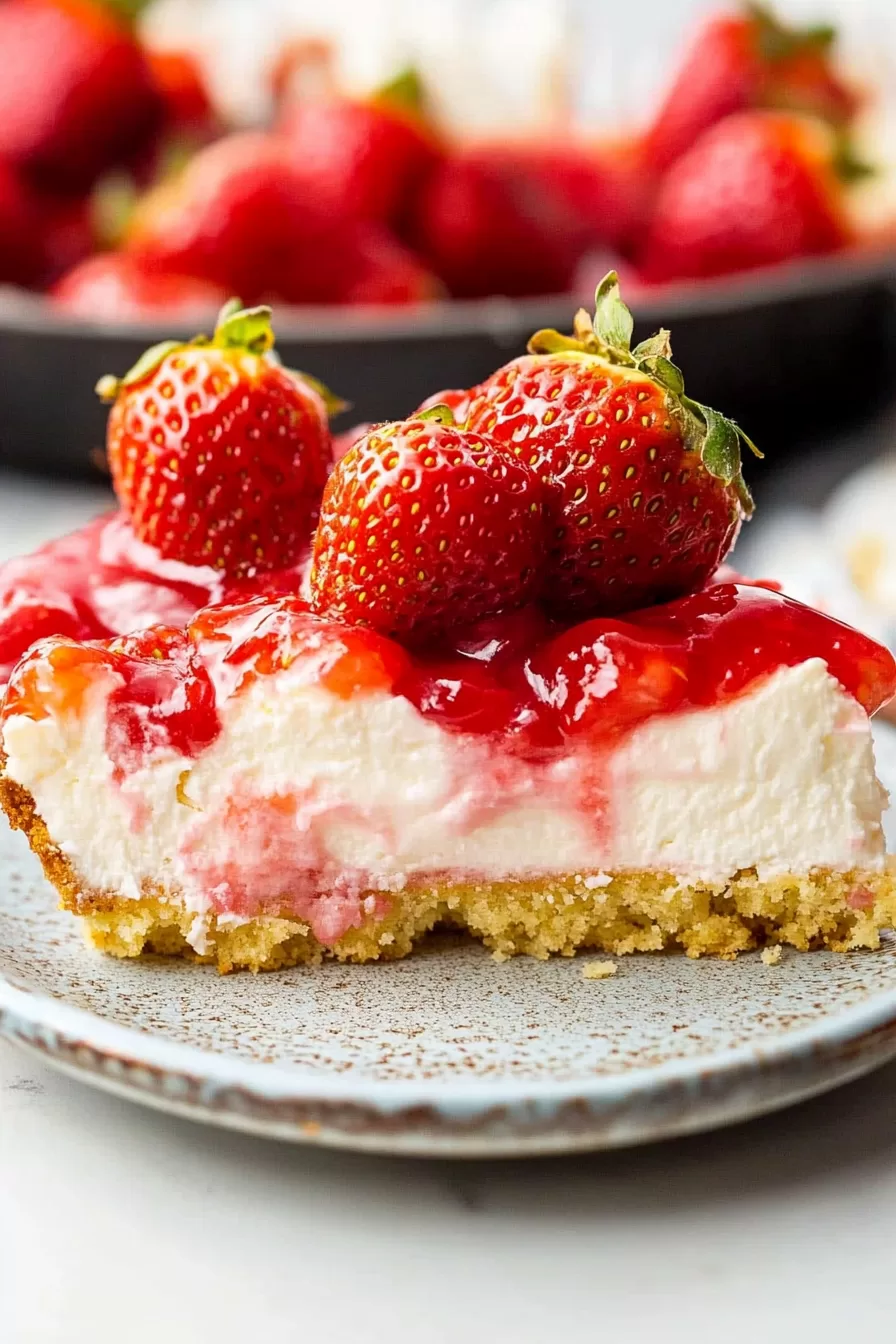 Layers of creamy white filling and red strawberry glaze piled high on a golden biscuit crust, with fresh strawberries as the finishing touch.