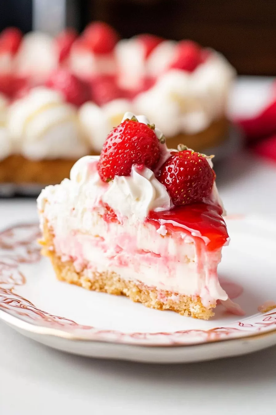 A decadent dessert slice featuring luscious strawberries, bright red glaze, and a fluffy cream layer over a textured cookie crust.