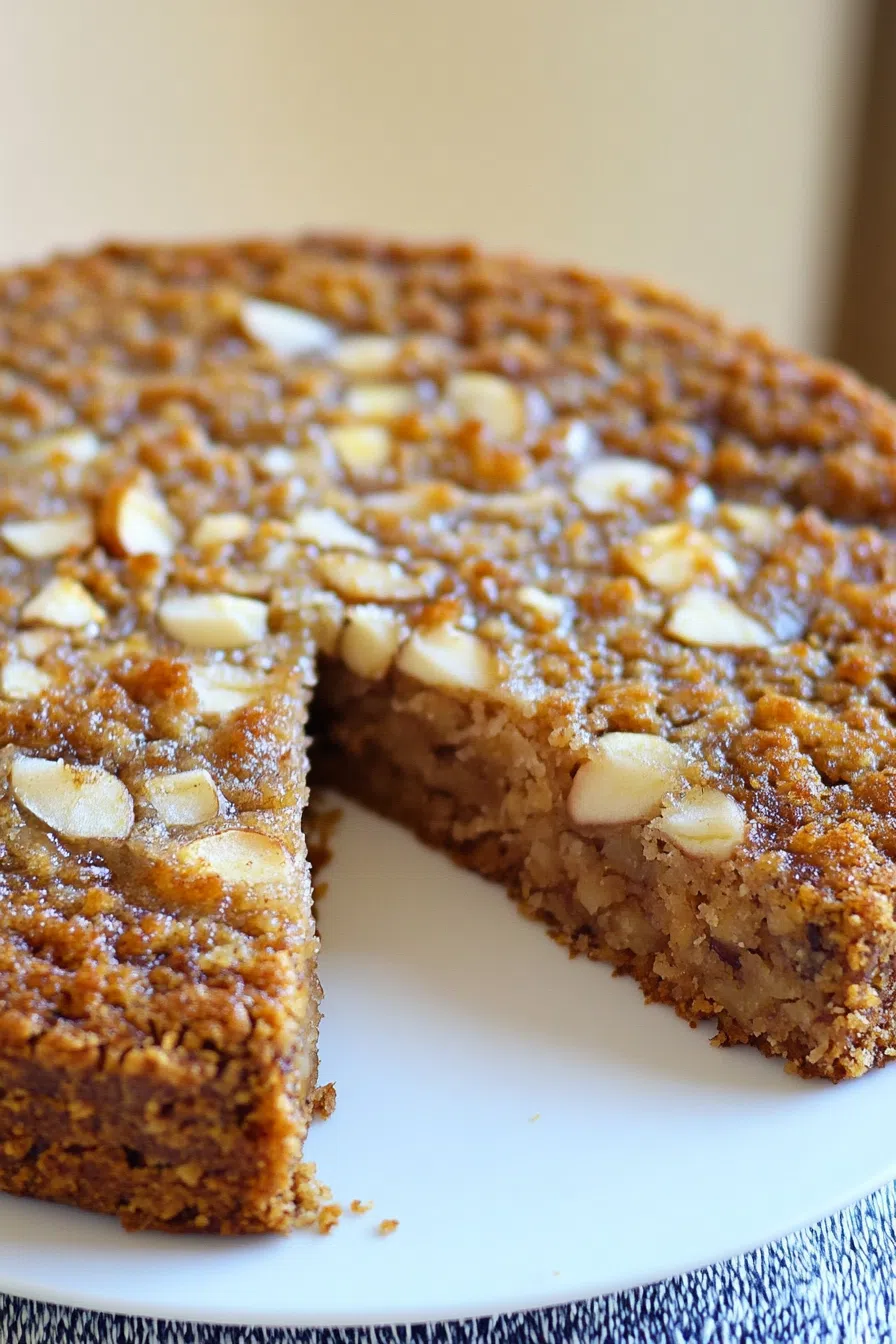 Golden-brown Swedish apple cake on a white serving plate.