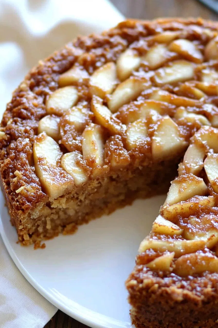 Close-up of a slice of Swedish apple cake with a dusting of powdered sugar.