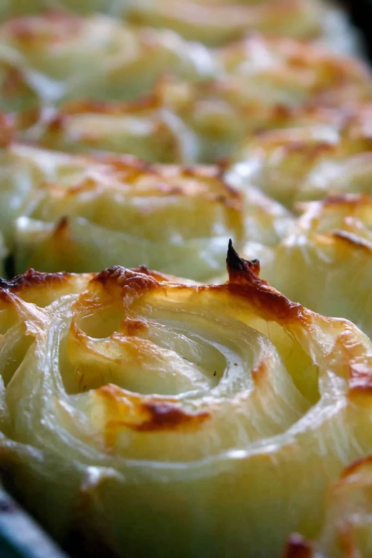 Close-up of caramelized onions in a creamy, cheesy sauce fresh from the oven.