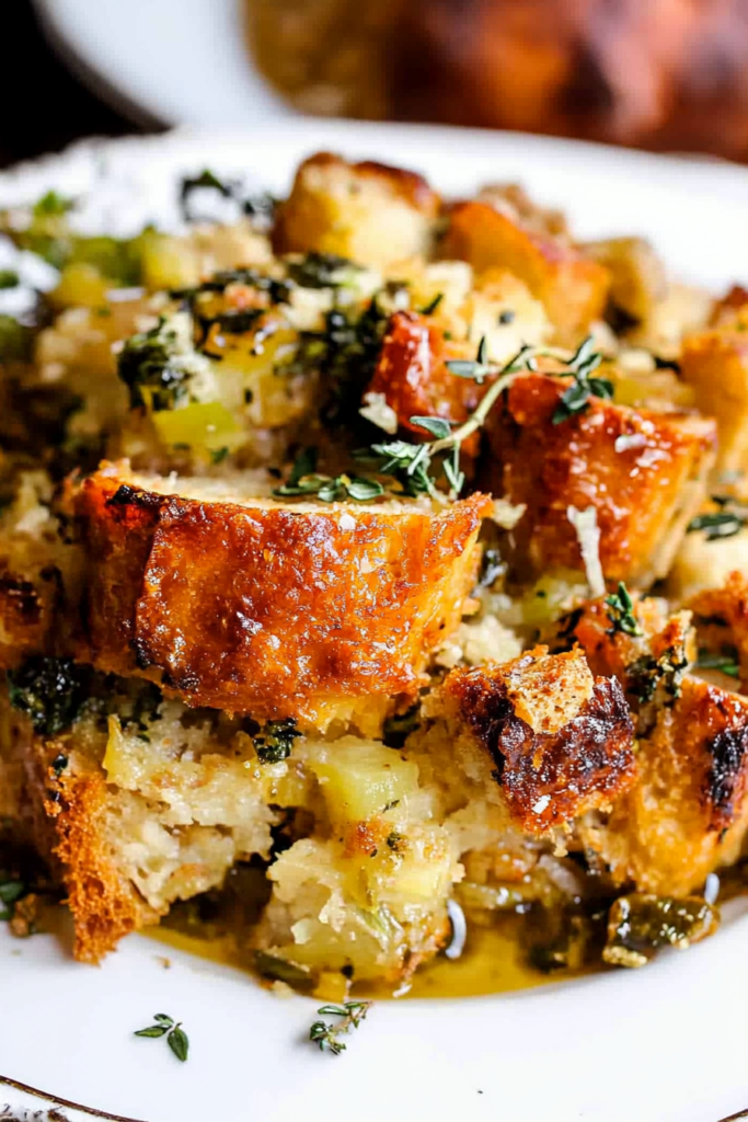 Stuffing garnished with fresh herbs on a white plate.