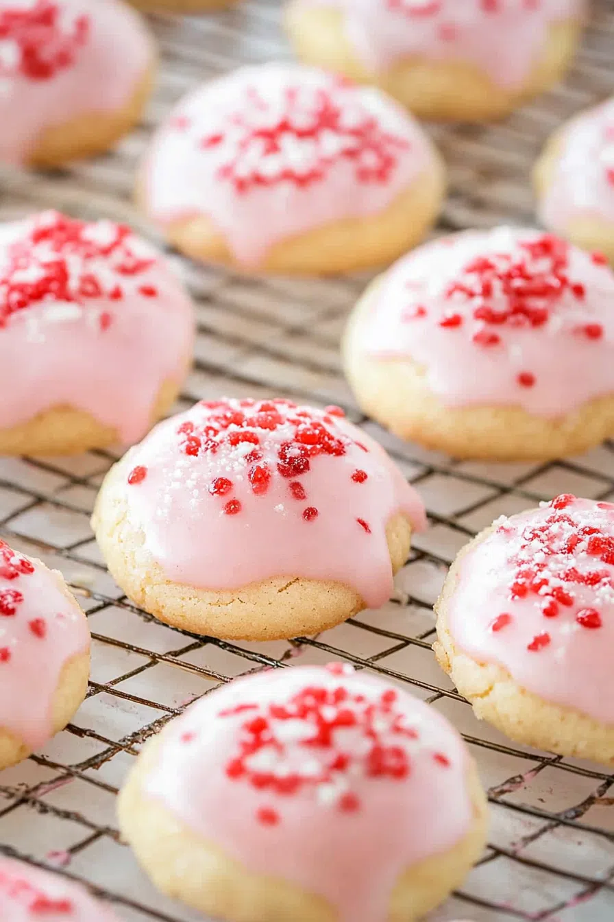 A cozy dessert scene featuring freshly made cookies on a cooling rack.