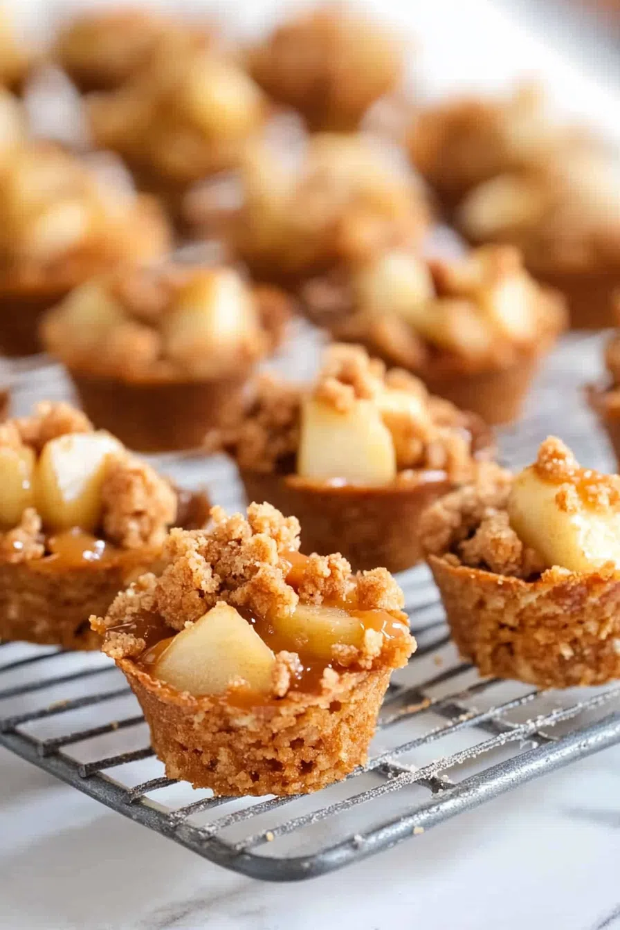 A few small apple-filled desserts arranged on a cooling rack.