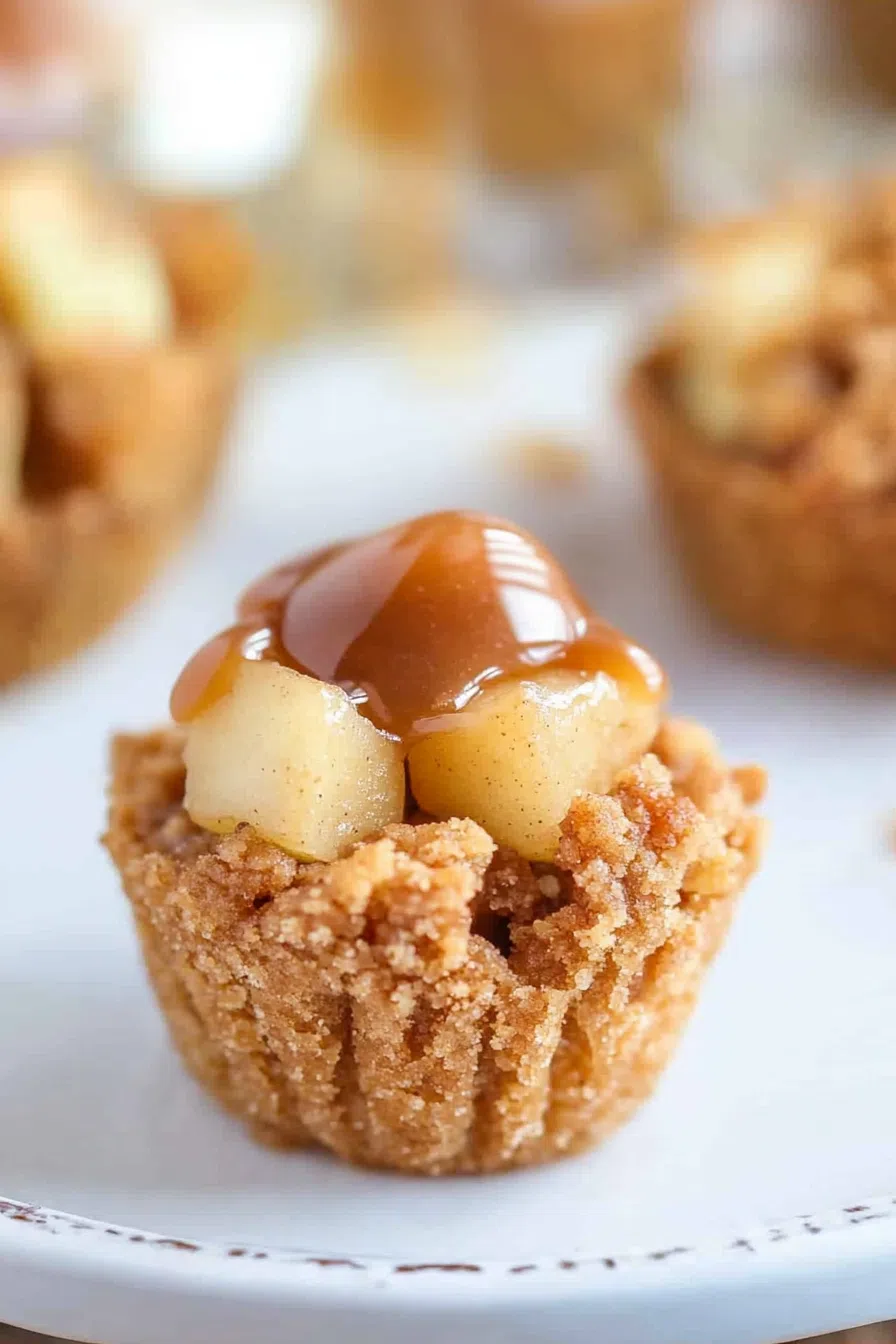 A plate of mini apple desserts with a crunchy streusel topping and a warm golden hue.