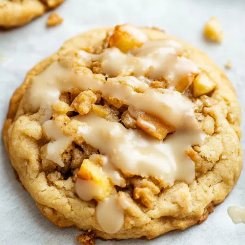 Close-up of a warm cookie with a crisp outer layer and soft, apple-filled center.