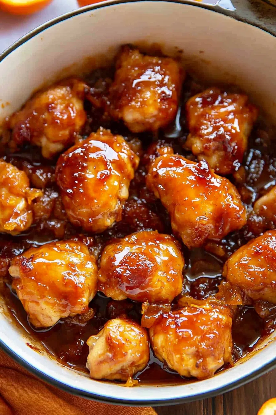 Golden, crispy chicken pieces coated in a glossy orange sauce.