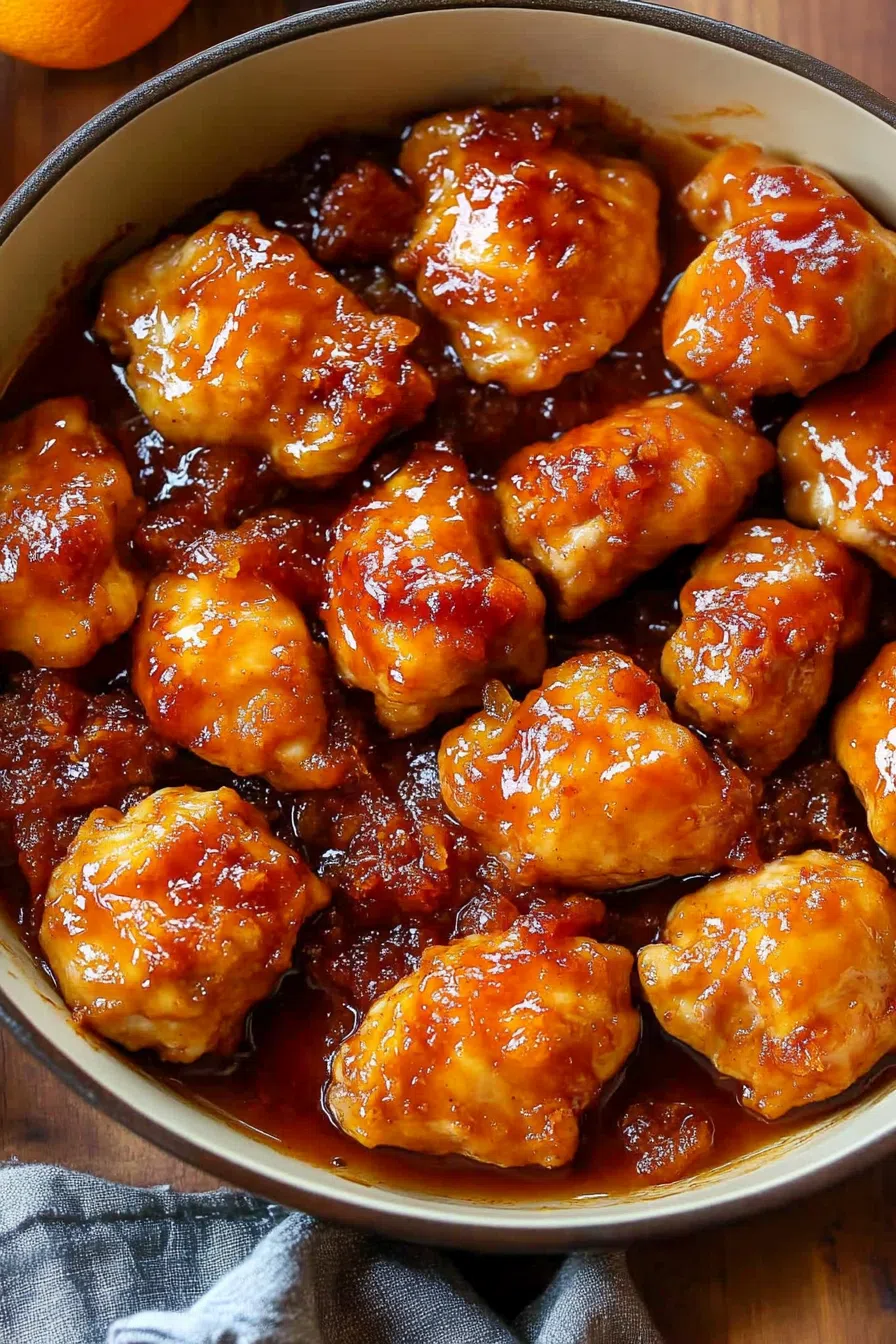 A serving dish filled with baked chicken, drizzled with a vibrant orange sauce.
