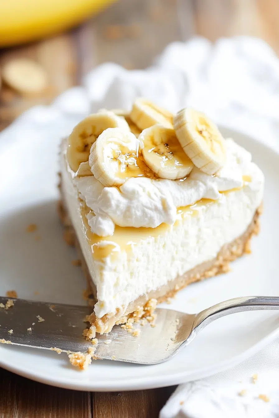 Chilled dessert slice with a creamy filling and whipped topping, served on a ceramic plate.