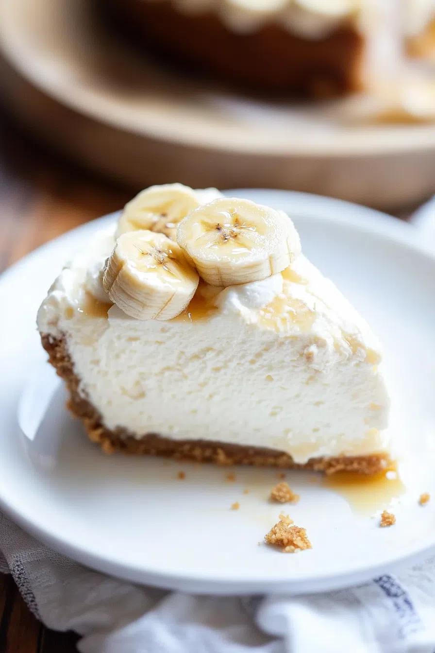 Creamy layered dessert topped with whipped cream and banana slices on a white plate.