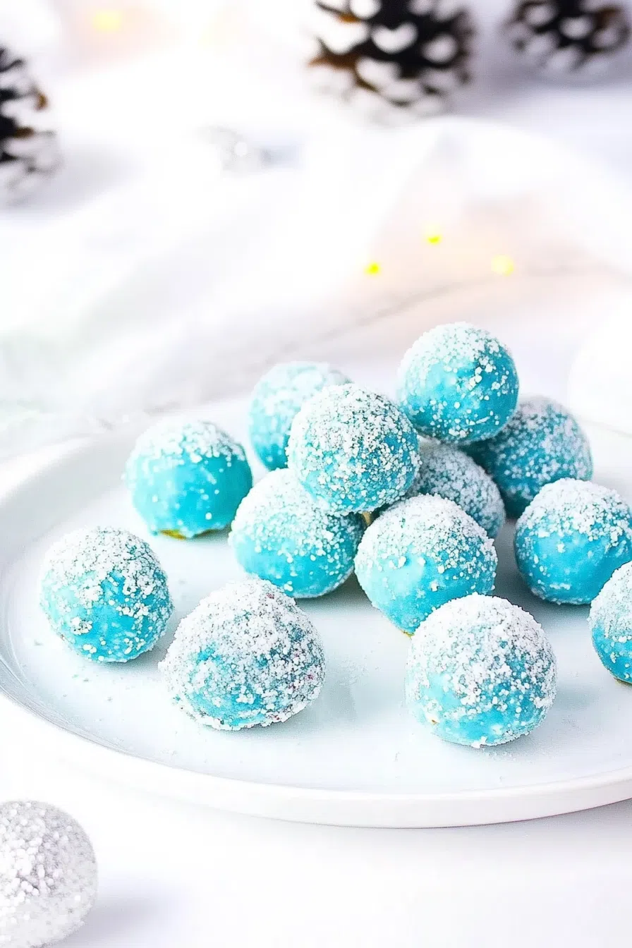A few truffles with a blue finish, carefully arranged on a holiday-themed tray.