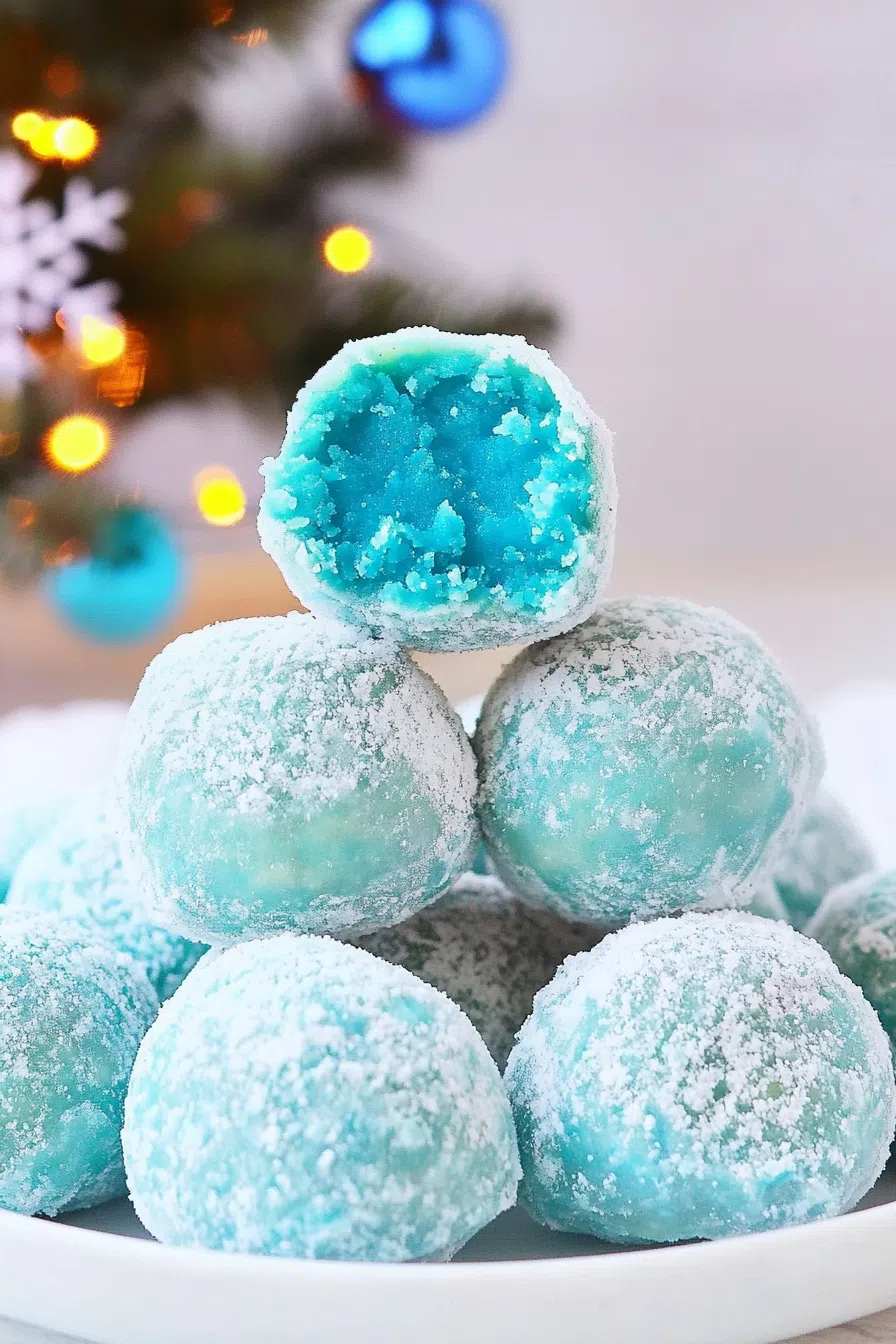 A close-up of rich chocolate truffles coated in a shimmering blue glaze.