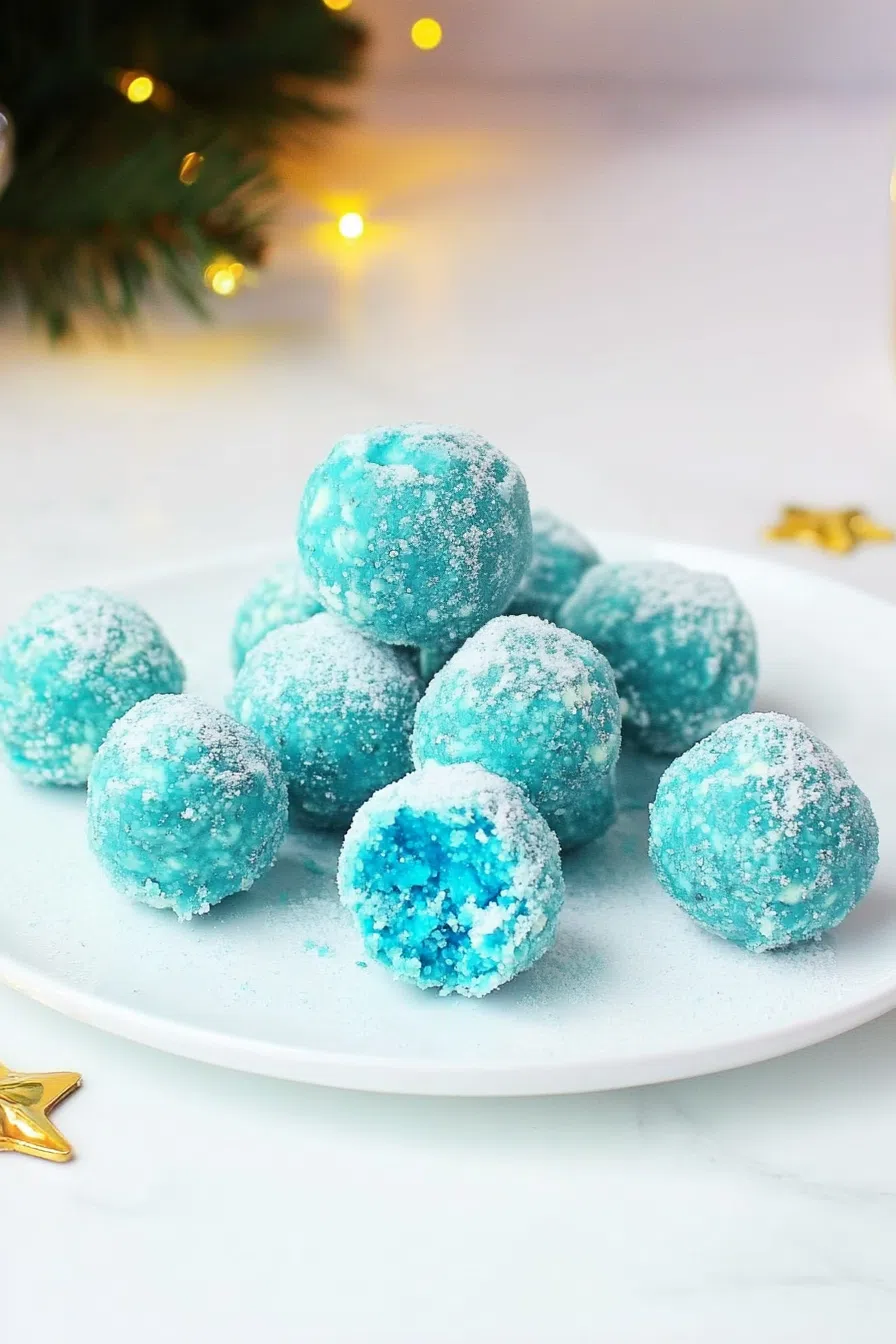 A few truffles with a shiny blue outer layer, resting on a bed of silver holiday-themed sprinkles.