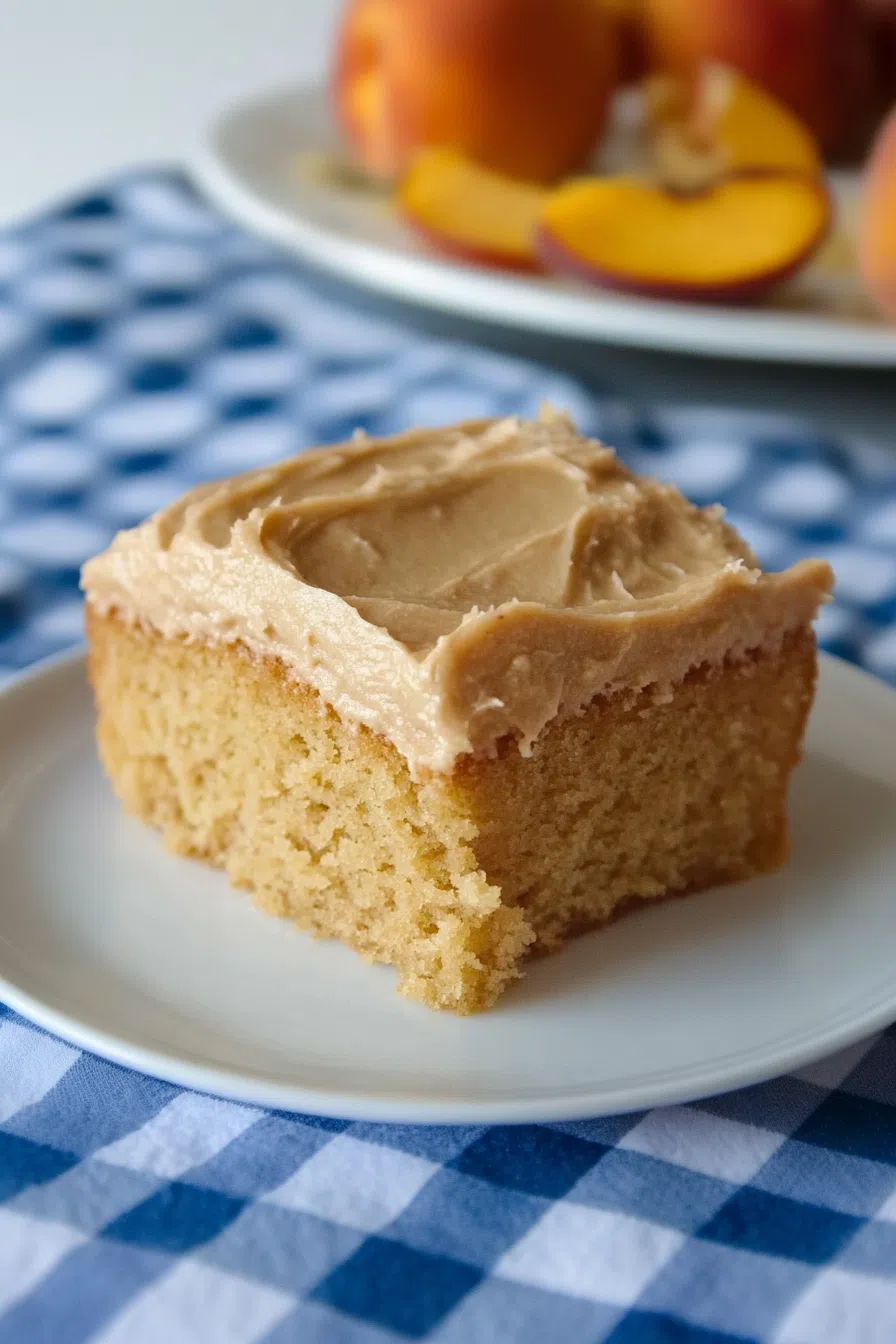 A warm dessert with a rich brown sugar glaze and soft peach pieces.