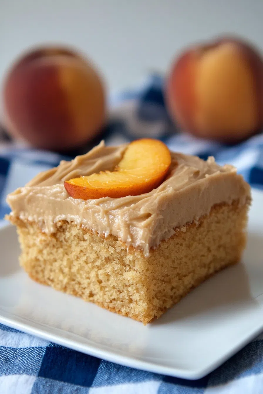 A golden, moist cake topped with caramelized peach slices on a serving plate.