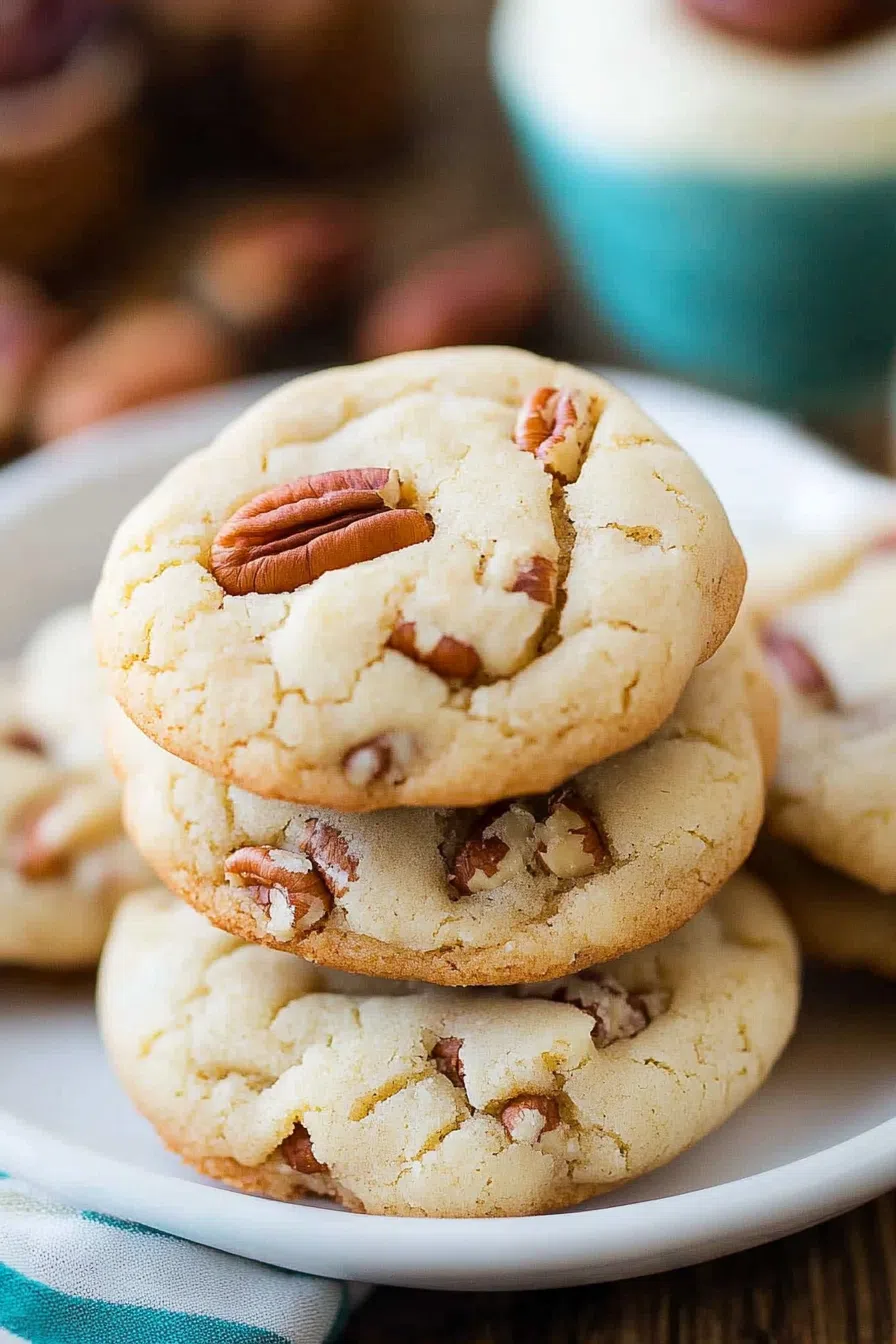 A stack of homemade cookies with a buttery texture and crunchy pecan pieces.