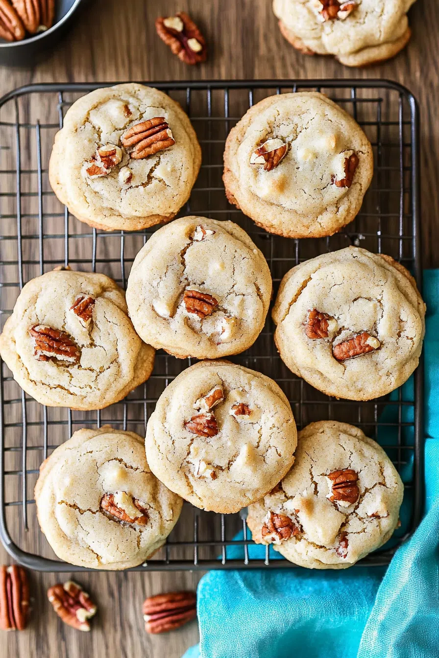 Freshly baked cookies cooling on a wire rack, with visible toasted pecans.