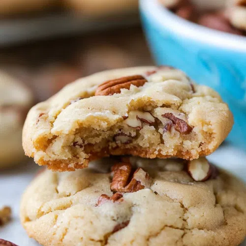 Close-up of a cookie broken in half, showing its soft interior and nutty filling.