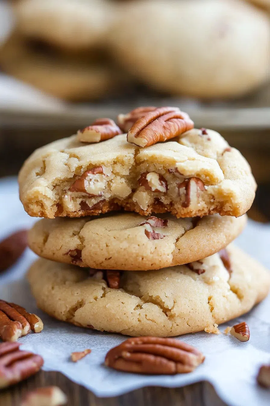 Golden brown cookies with a crisp edge and soft center, studded with pecans.