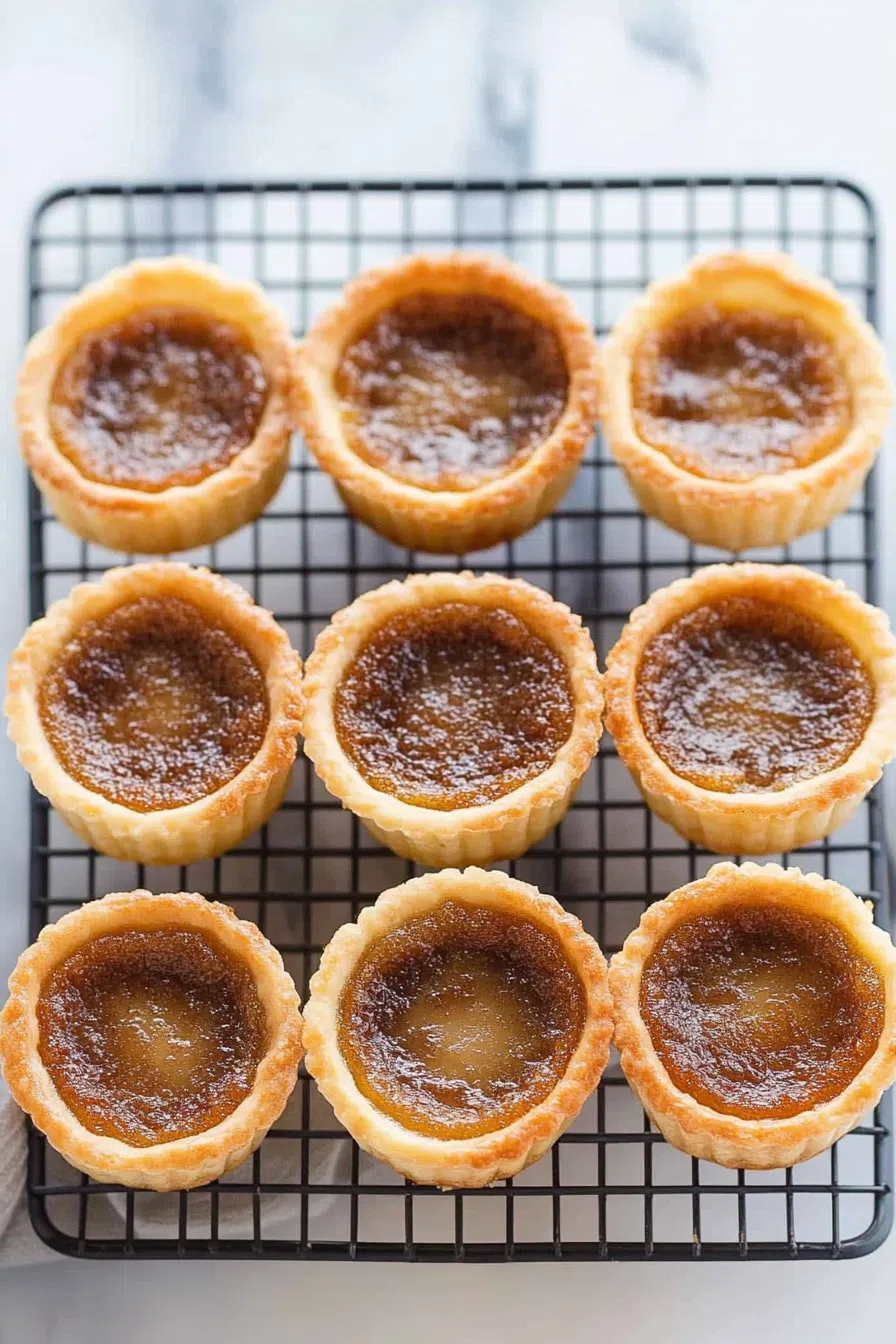 Overhead view of freshly baked tarts cooling on a rack.