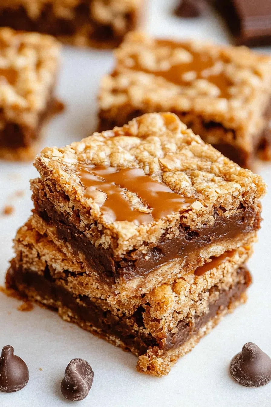 Gooey dessert bars stacked on a plate with caramel oozing from the layers.