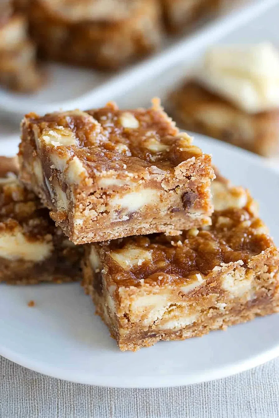 Plated dessert squares with a swirl of frosting and scattered crumbs.
