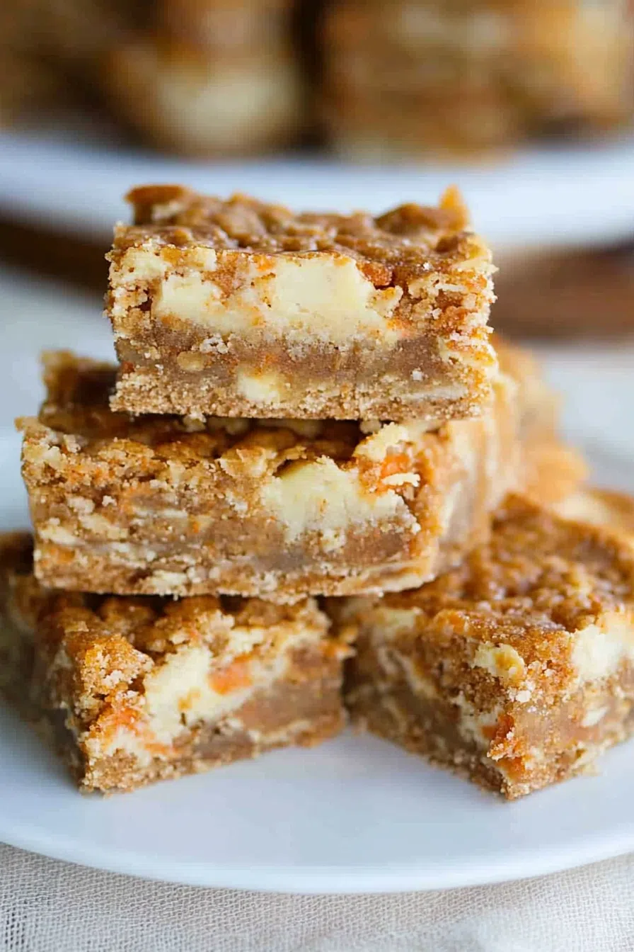 Frosted dessert bars cut into squares and arranged on a serving tray.
