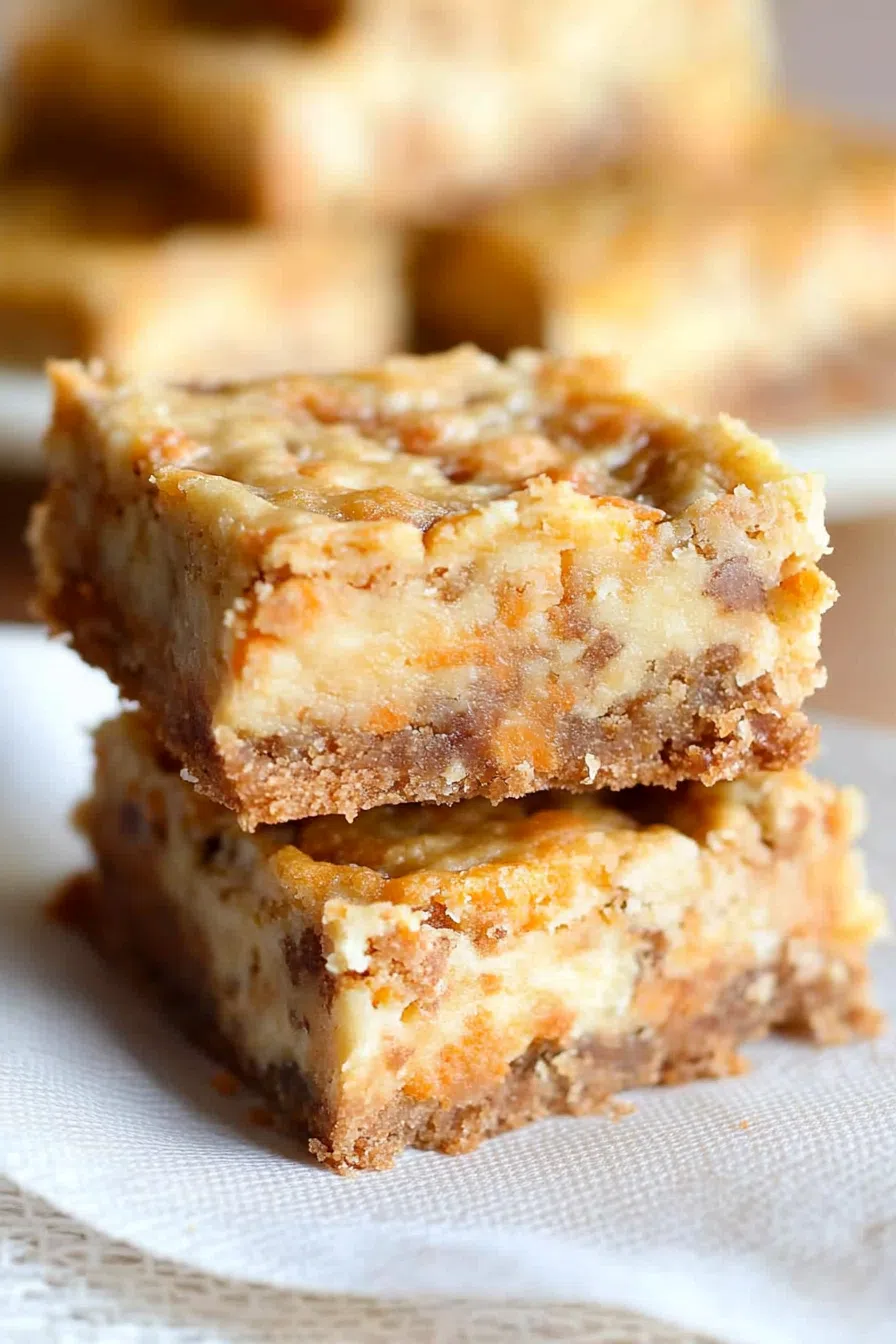 A close-up of moist, spiced cake topped with a thick layer of creamy frosting.