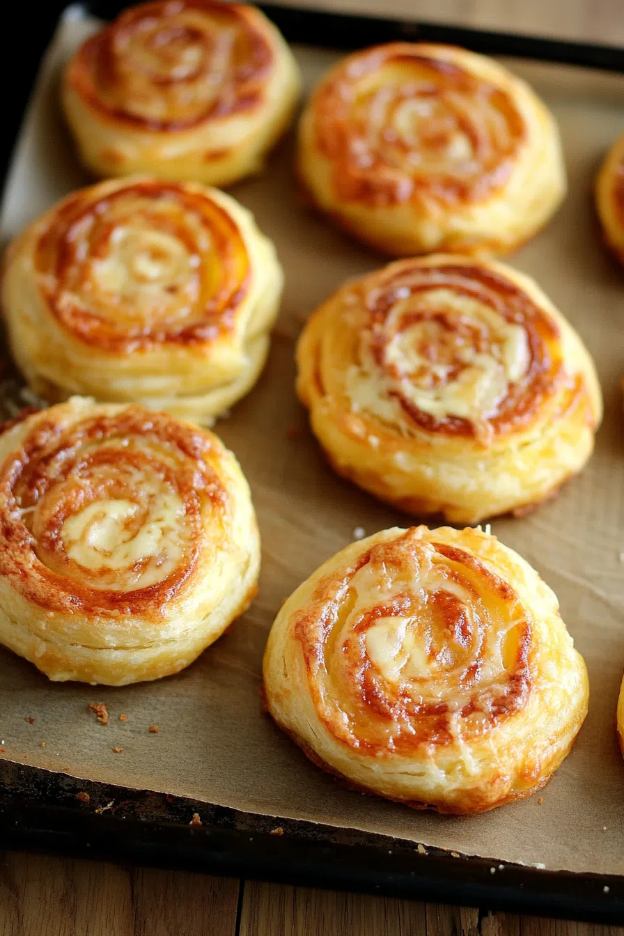 Golden, flaky spirals served on a parchment-lined tray.