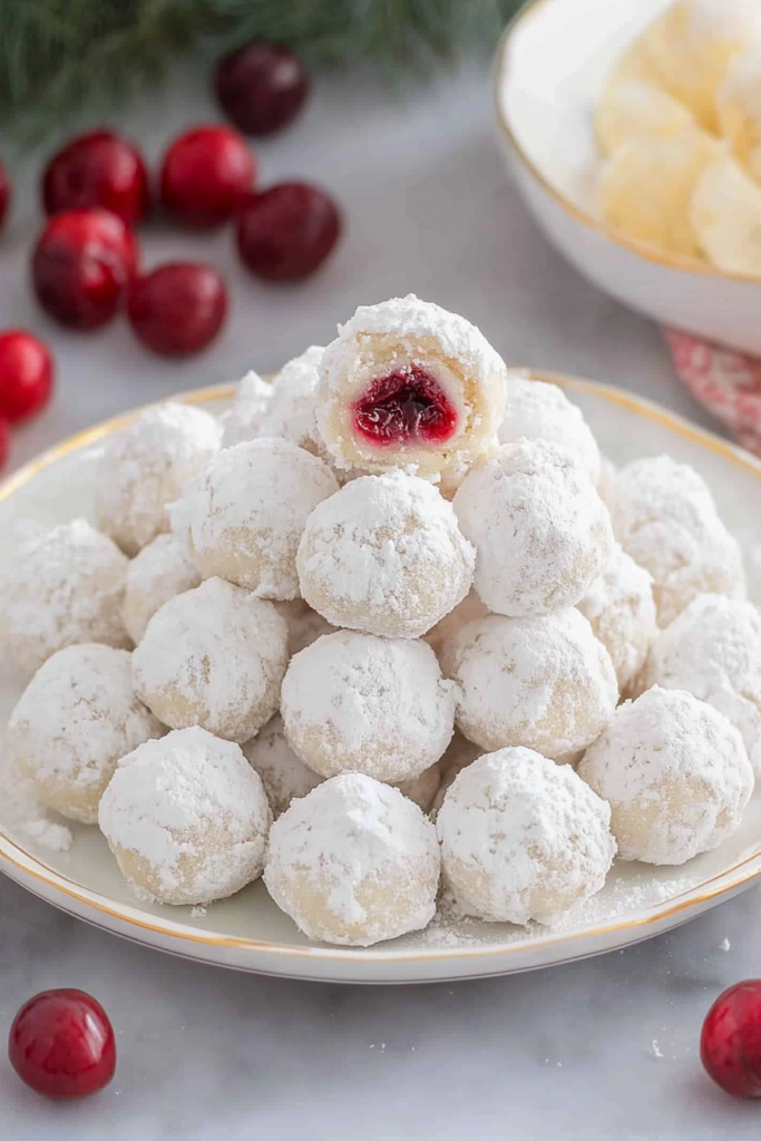 A single bite taken from a sugar-dusted cookie, revealing a bright cherry interior.