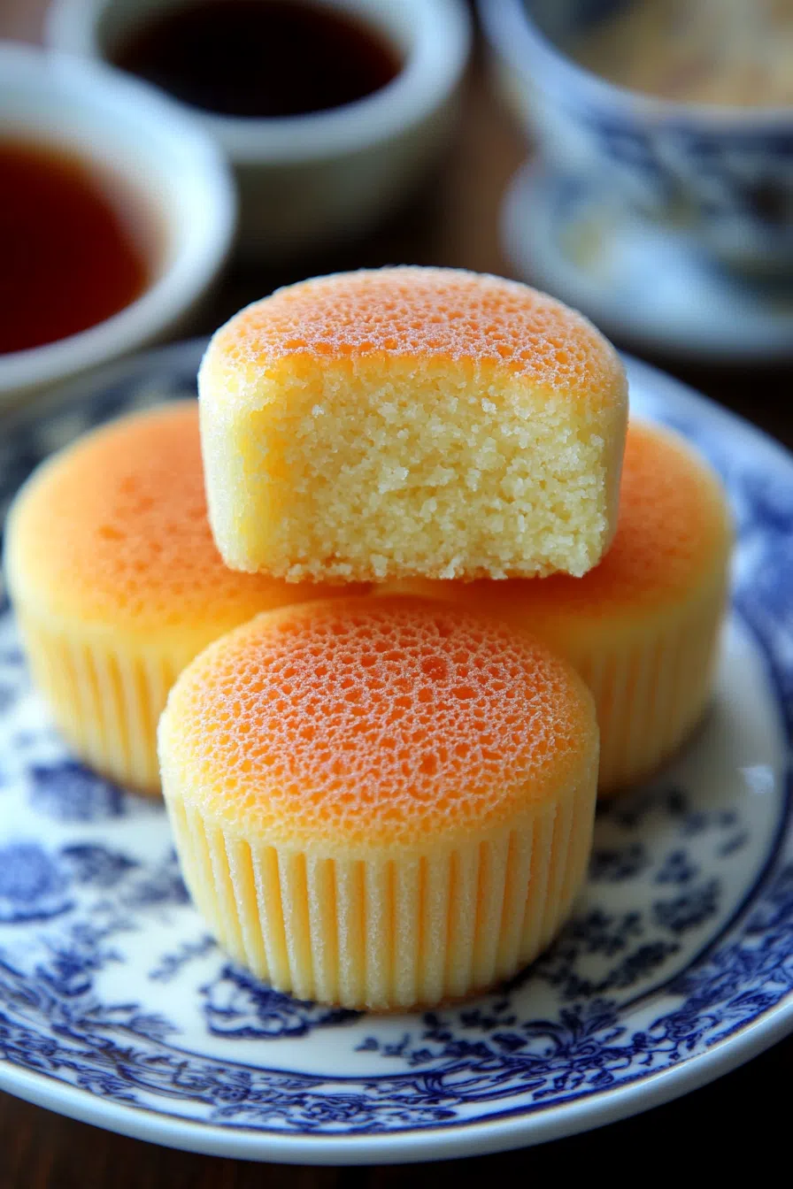 Individual egg cakes stacked on a ceramic dish beside a cup of tea.