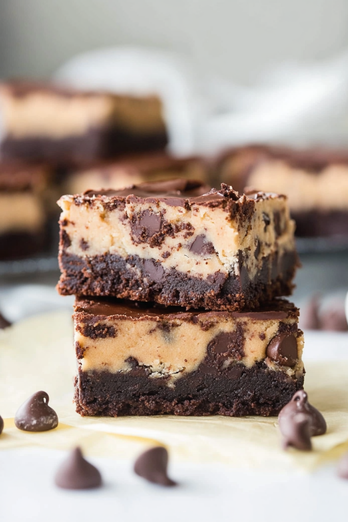 A freshly baked brownies with visible chunks of chocolate and a soft, cookie dough layer.