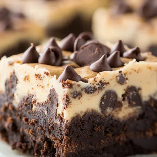 A close-up of a decadent brownie topped with a thick layer of cookie dough and chocolate chips.