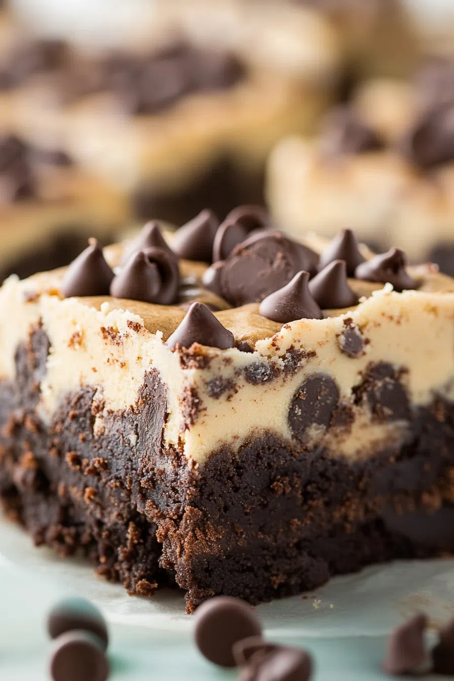 A close-up of a decadent brownie topped with a thick layer of cookie dough and chocolate chips.