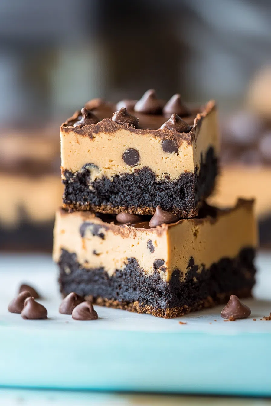 A plate with a few brownies, showing the perfect mix of brownie and cookie dough layers.