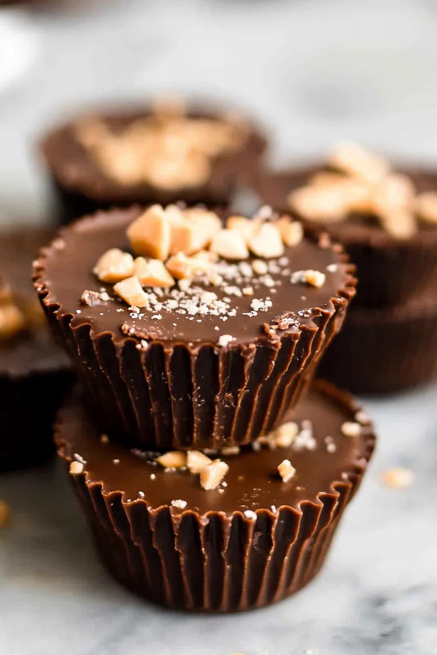 A stack of layered chocolate treats on a marble surface.