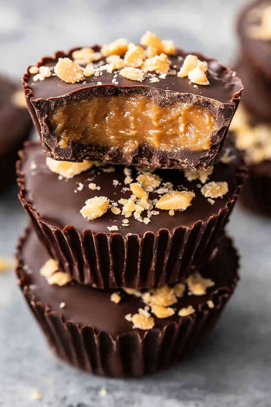 Close-up of bite-sized candy cups with a crispy, golden center.