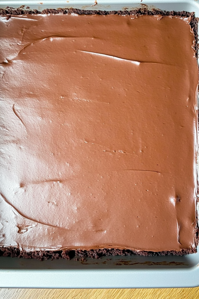 A full pan of freshly baked cake with a shiny chocolate layer, ready to serve.