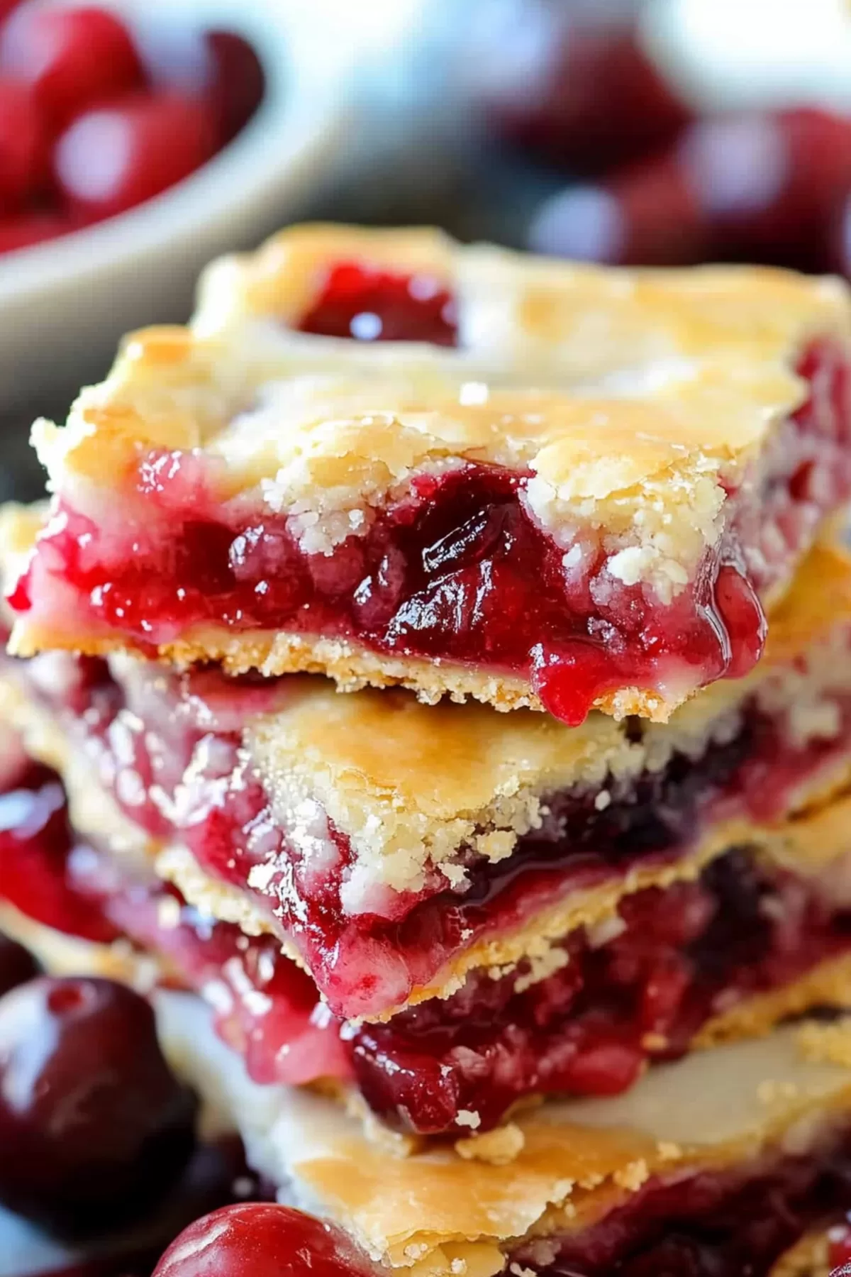 Golden bars with a sweet cherry filling and a light drizzle of glaze on top.