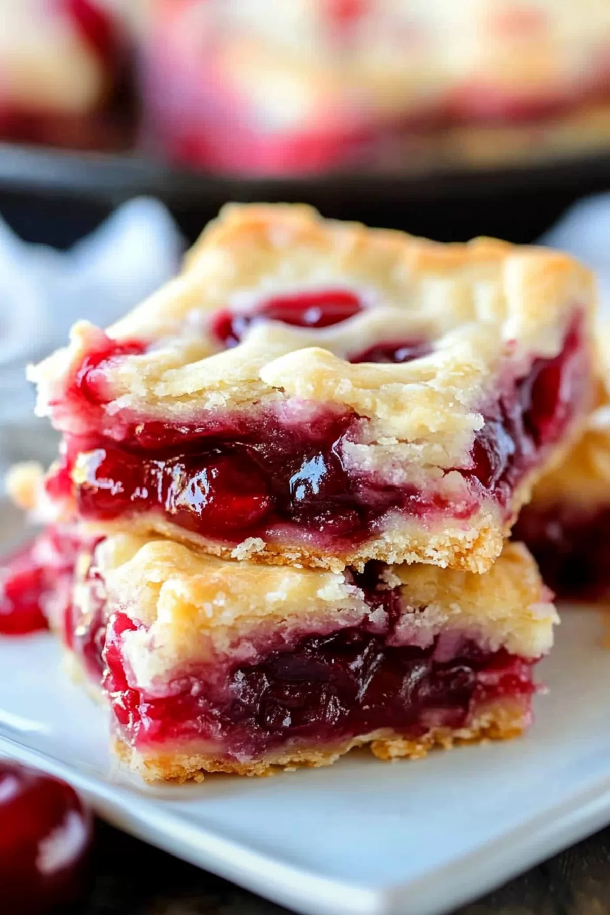 A platter of festive bars with a bright cherry layer and a crumbly topping.