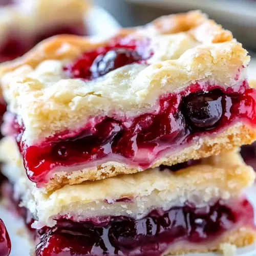 Close-up of soft, crumbly dessert bars studded with vibrant red cherries.