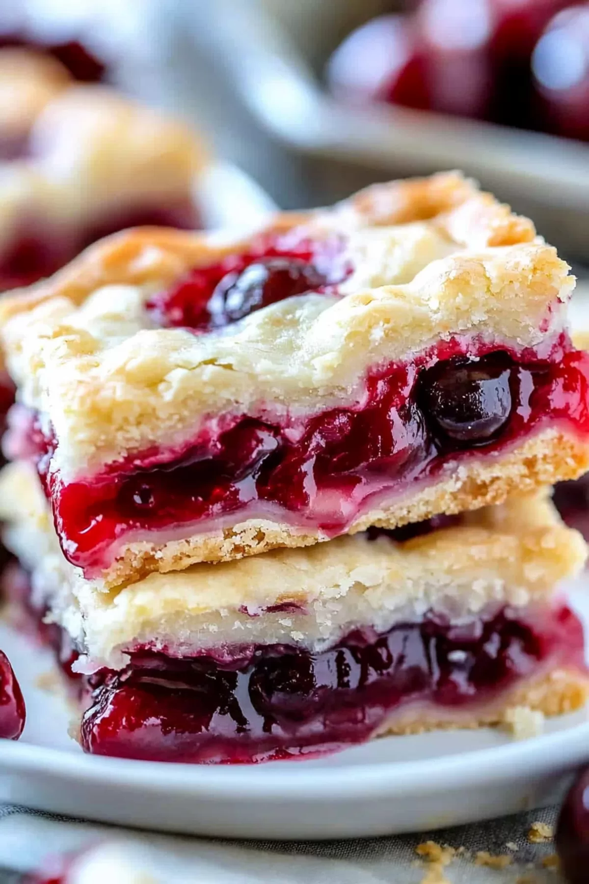 Close-up of soft, crumbly dessert bars studded with vibrant red cherries.