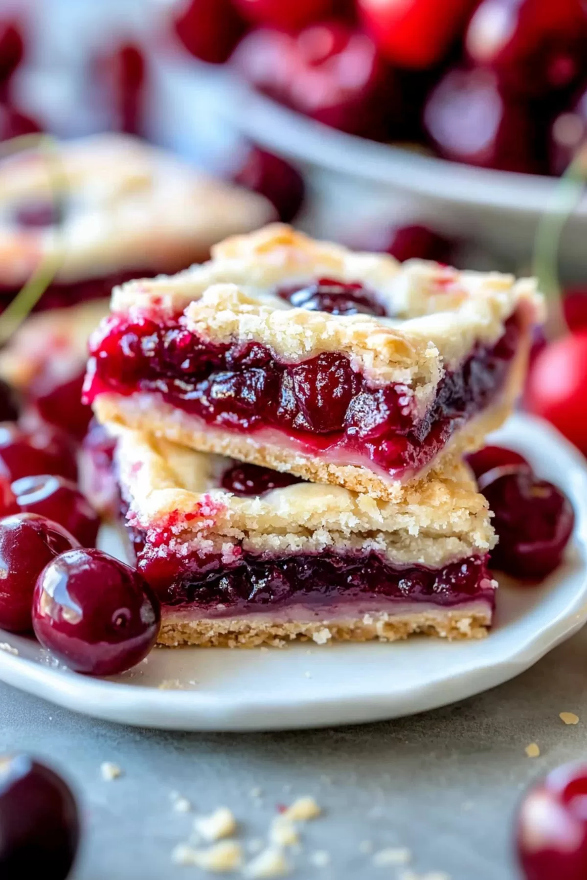 Sliced dessert bars showcasing a rich cherry filling and buttery crust.