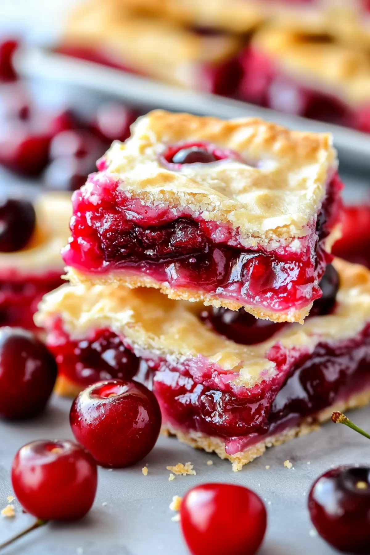 Sweet, cherry-filled bars arranged on a plate, perfect for holiday gatherings.