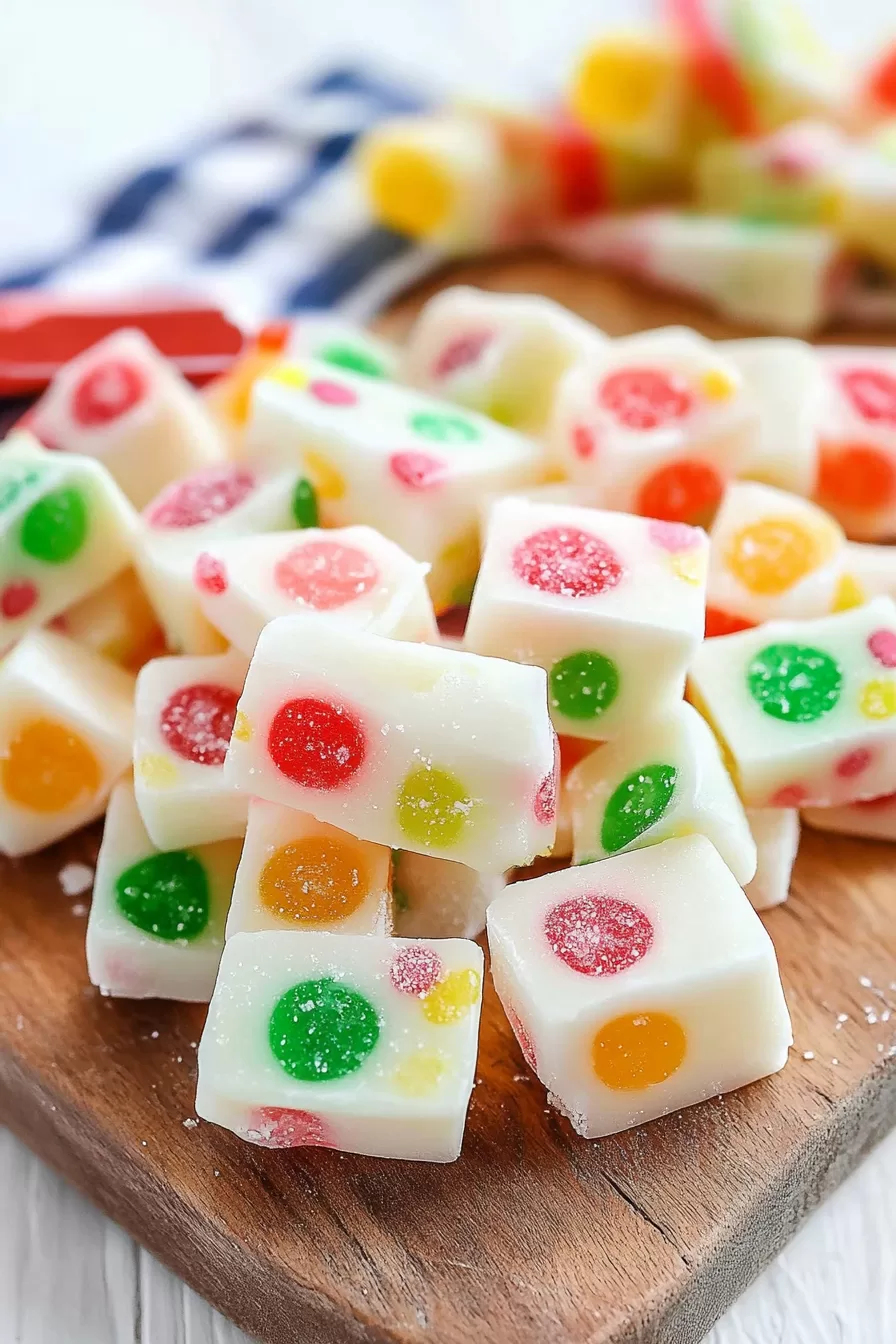 Close-up of creamy white nougat squares with colorful gumdrops in red, green, yellow, and orange, sitting on a wooden board.