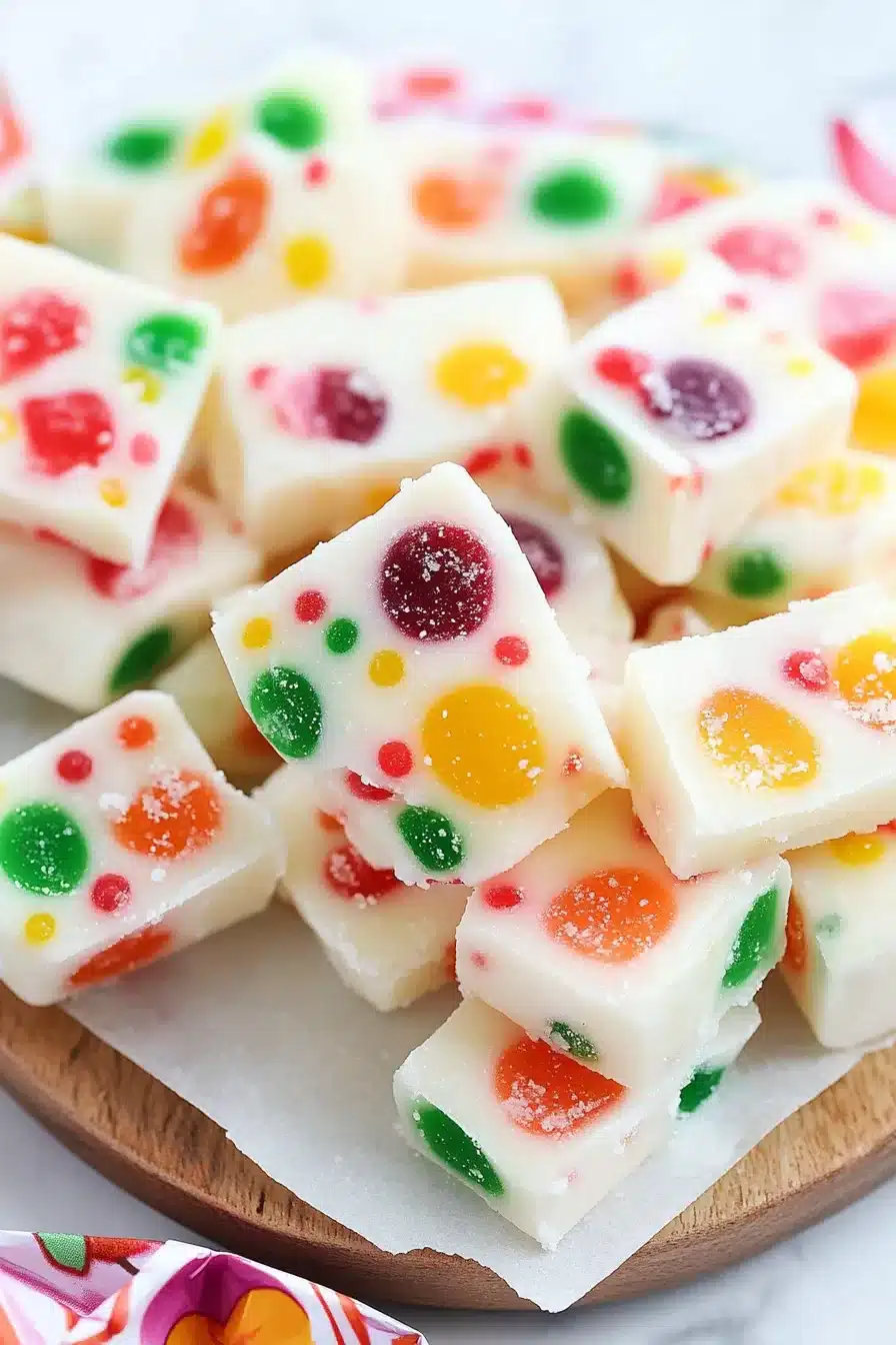 A plate piled high with bright, festive gumdrop-studded nougat pieces, dusted lightly with sugar.