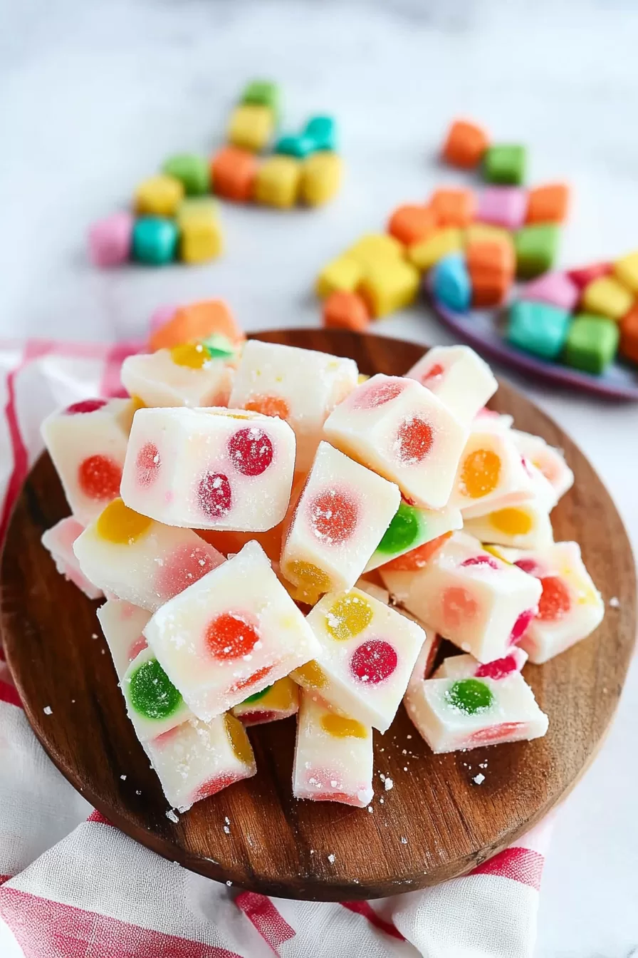 Soft, chewy Christmas nougat candy with vibrant gumdrop dots arranged on a parchment-lined serving board.