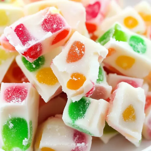 Stacked white nougat candies, each piece bursting with colorful gumdrops in a variety of bright holiday hues.